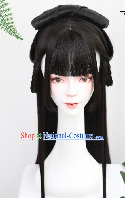 China Handmade Ancient Noble Lady Wig Sheath Traditional Jin Dynasty Princess Straight Bangs Wiggery Headdress