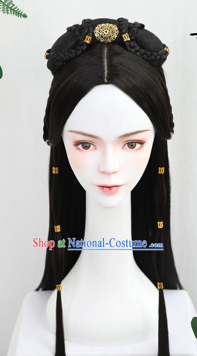 China Traditional Qin Dynasty Princess Wiggery Headdress Handmade Ancient Palace Lady Wig Sheath