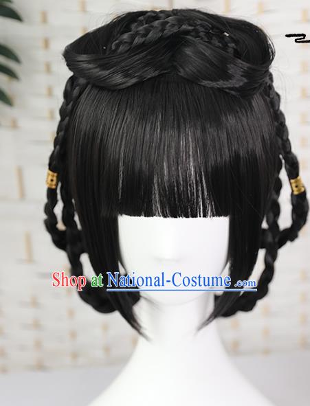 China Traditional Song Dynasty Young Lady Straight Bangs Wiggery Headdress Handmade Ancient Village Girl Wig Sheath