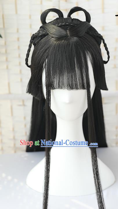 China Traditional Jin Dynasty Noble Lady Straight Bangs Wiggery Headdress Handmade Ancient Princess Wig Sheath