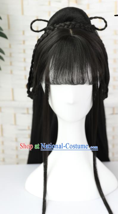 China Traditional Jin Dynasty Princess Straight Bangs Wiggery Headdress Handmade Ancient Palace Lady Wig Sheath