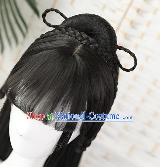 China Traditional Jin Dynasty Princess Straight Bangs Wiggery Headdress Handmade Ancient Palace Lady Wig Sheath