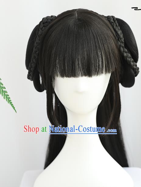 China Traditional Song Dynasty Wiggery Headdress Handmade Ancient Young Lady Straight Bangs Wig Sheath