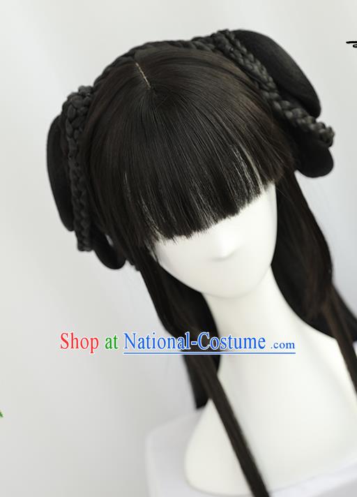 China Traditional Song Dynasty Wiggery Headdress Handmade Ancient Young Lady Straight Bangs Wig Sheath