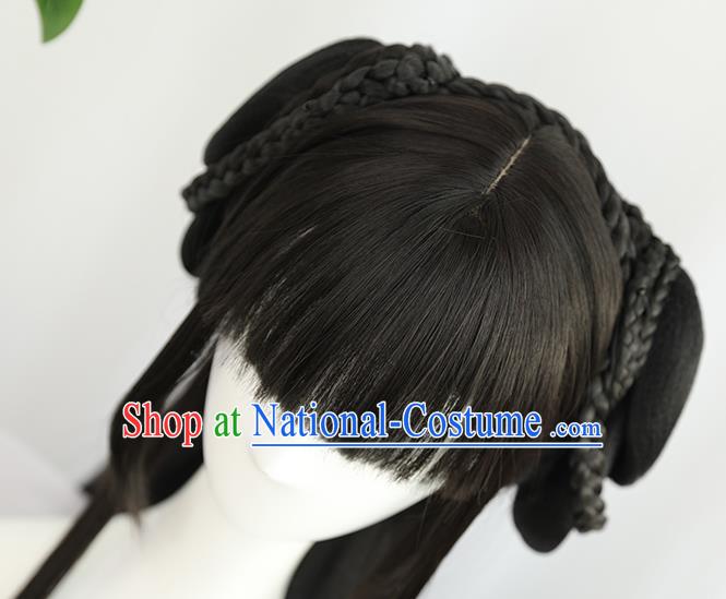 China Traditional Song Dynasty Wiggery Headdress Handmade Ancient Young Lady Straight Bangs Wig Sheath