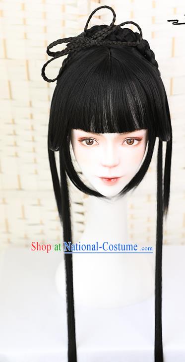 China Traditional Ming Dynasty Young Girl Wiggery Headdress Handmade Ancient Palace Lady Straight Bang Wig Sheath