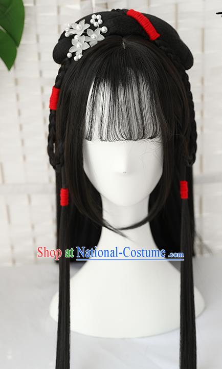 China Traditional Ming Dynasty Straight Bang Wiggery Headdress Handmade Ancient Young Beauty Wig Sheath