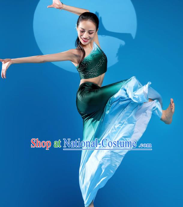 China Handmade Peacock Dance Green Dress Outfits Traditional Dai Nationality Folk Dance Clothing