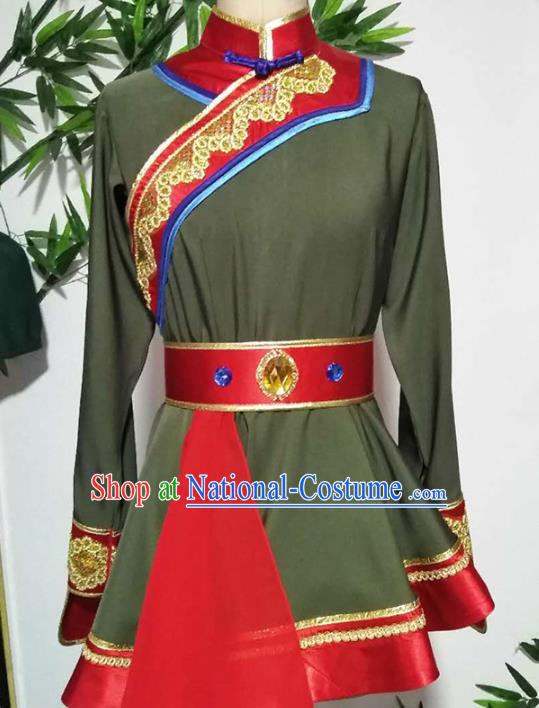 China Handmade Folk Dance Green Outfits Traditional Mongol Nationality Clothing