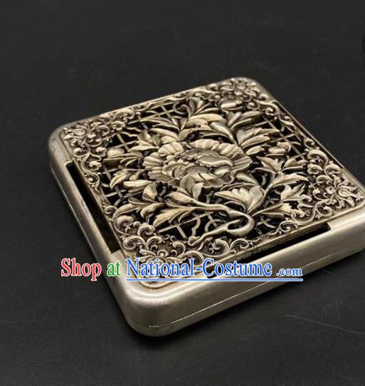 Handmade Chinese Carving Peony Ink Box Ornaments Traditional Brass Craft Cupronickel Ink Cartridge