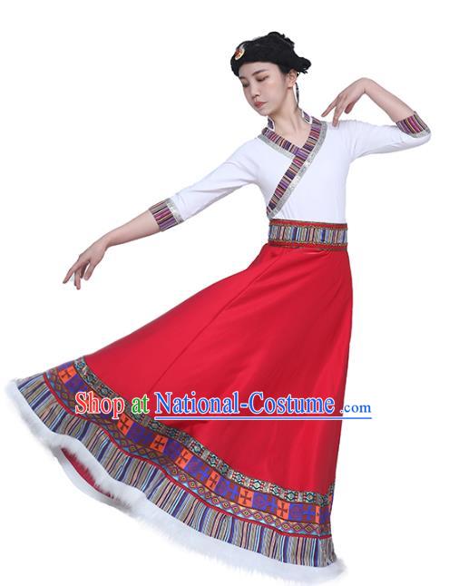 China Handmade Tibetan Folk Dance White Blouse and Red Skirt Outfits Traditional Zang Nationality Clothing