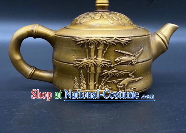 Handmade Chinese Carving Bamboo Teapot Ornaments Traditional Brass Teakettle Craft