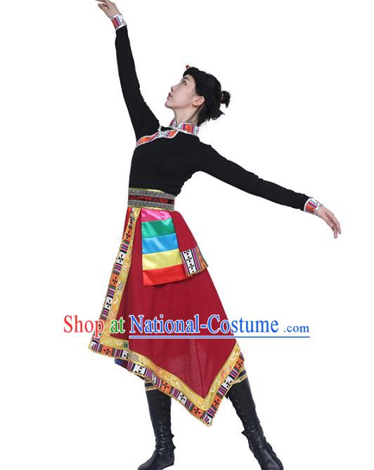 China Handmade Tibetan Ethnic Black Blouse and Red Skirt Outfits Traditional Zang Nationality Folk Dance Clothing