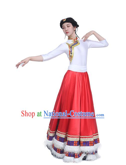 China Traditional Zang Nationality Dance Clothing Tibetan Ethnic White Blouse and Red Skirt Outfits