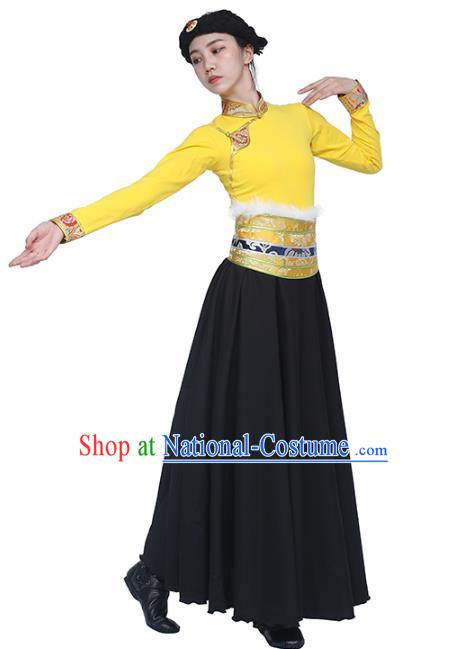 China Traditional Zang Nationality Women Clothing Tibetan Ethnic Dance Yellow Blouse and Black Skirt Outfits