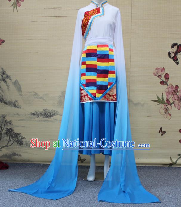 China Traditional Zang Nationality Women Water Sleeve Clothing Tibetan Ethnic Dance Blouse and Blue Skirt Outfits