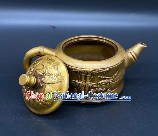 Handmade Chinese Carving Bamboo Teapot Ornaments Traditional Brass Teakettle Craft