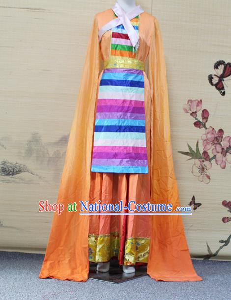 China Traditional Zang Nationality Water Sleeve Clothing Tibetan Ethnic Women Dance Orange Dress Outfits