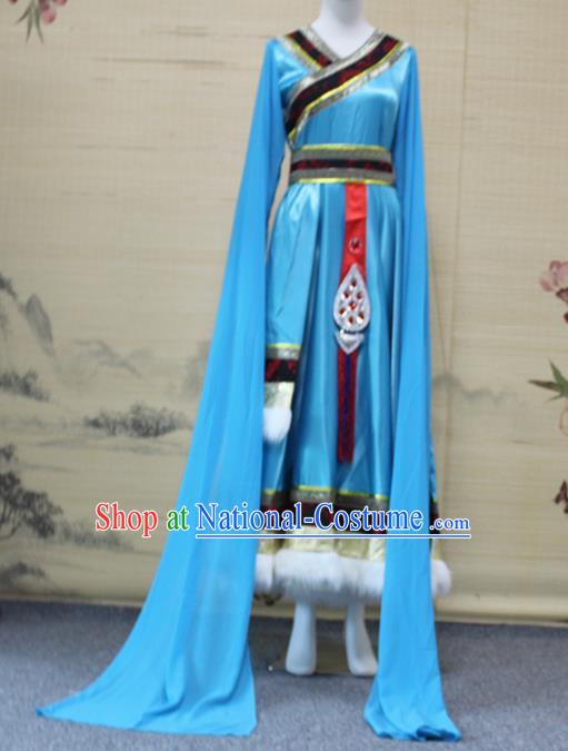 China Traditional Zang Nationality Folk Dance Clothing Tibetan Ethnic Women Dance Blue Robe