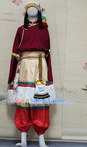 China Zang Nationality Folk Dance Wine Red Shirt and Pants Outfits Traditional Ethnic Male Tibetan Robe Costume