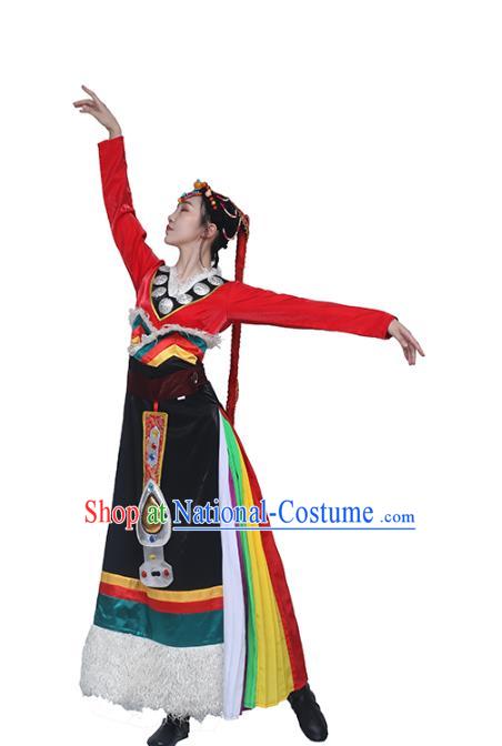 China Traditional Zang Nationality Folk Dance Clothing Tibetan Ethnic Women Dance Red Blouse and Black Skirt Outfits