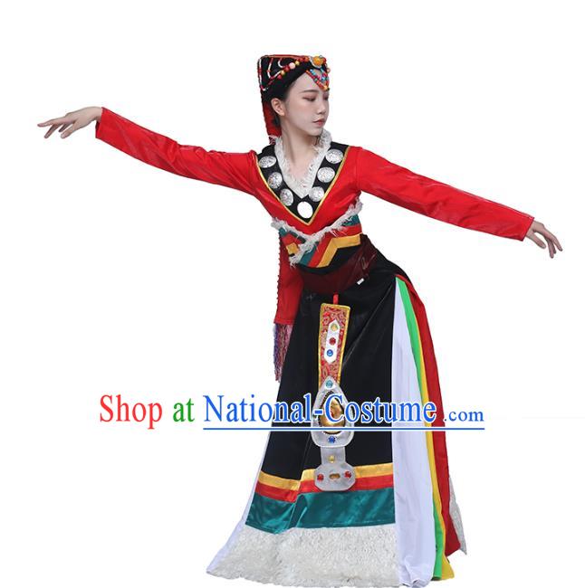 China Traditional Zang Nationality Folk Dance Clothing Tibetan Ethnic Women Dance Red Blouse and Black Skirt Outfits