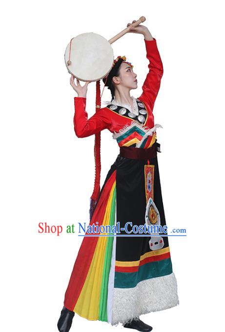 China Traditional Zang Nationality Folk Dance Clothing Tibetan Ethnic Women Dance Red Blouse and Black Skirt Outfits