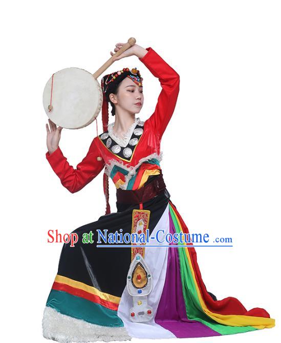 China Traditional Zang Nationality Folk Dance Clothing Tibetan Ethnic Women Dance Red Blouse and Black Skirt Outfits