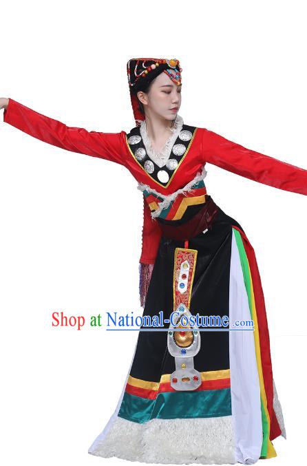 China Traditional Zang Nationality Folk Dance Clothing Tibetan Ethnic Women Dance Red Blouse and Black Skirt Outfits