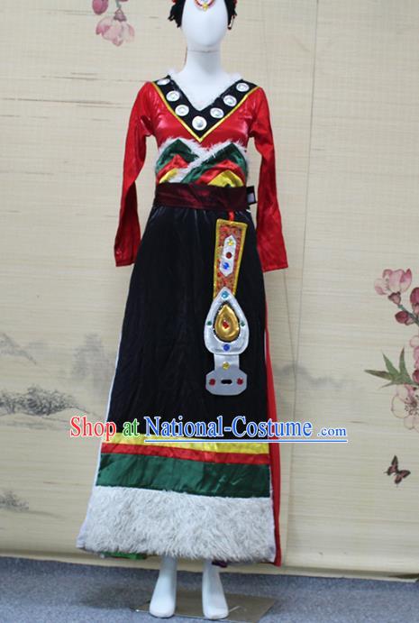 China Traditional Zang Nationality Folk Dance Clothing Tibetan Ethnic Women Dance Red Blouse and Black Skirt Outfits