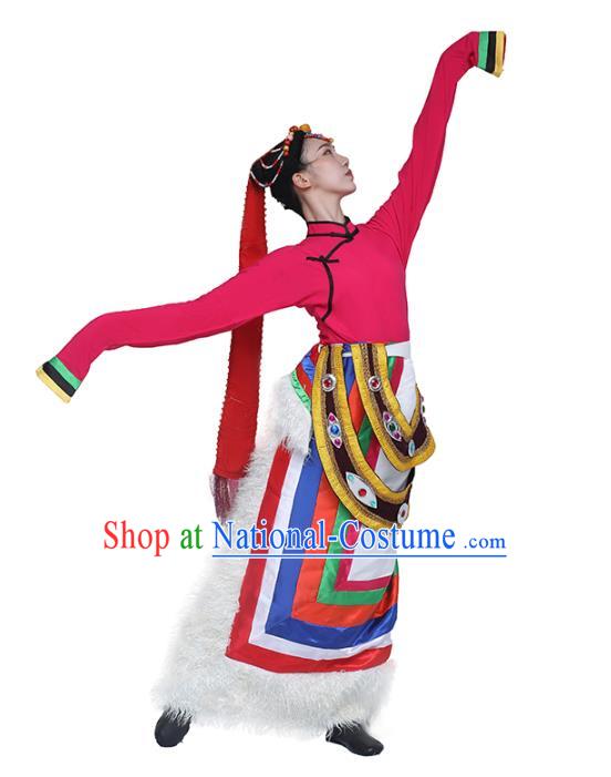 China Traditional Zang Nationality Women Folk Dance Clothing Tibetan Ethnic Dance Rosy Blouse and White Skirt Outfits