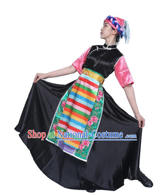 China Traditional Zang Nationality Dance Clothing Tibetan Ethnic Folk Dance Black Dress Outfits