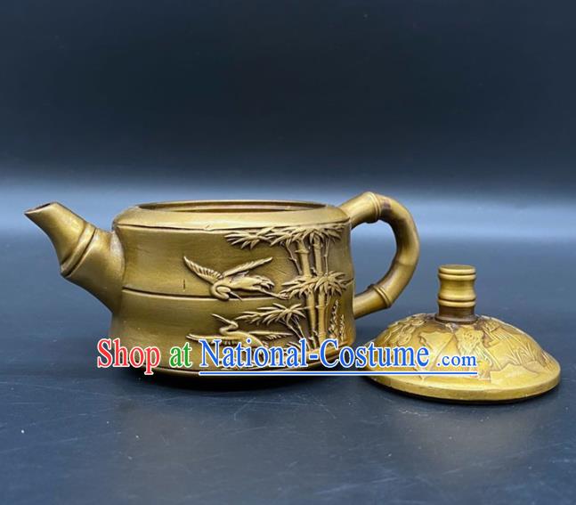 Handmade Chinese Carving Bamboo Teapot Ornaments Traditional Brass Teakettle Craft