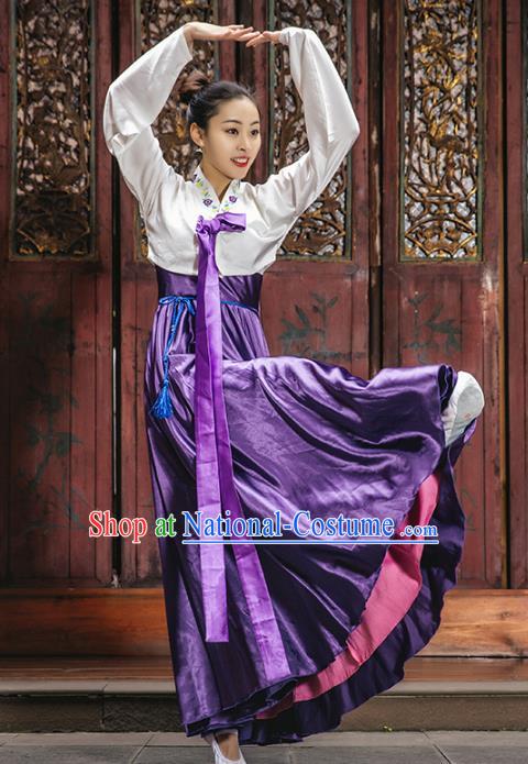 Chinese Classical Dance Clothing Traditional Korean Nationality Dance White Blouse and Purple Dress Complete Set