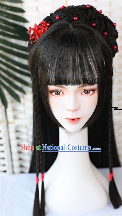 China Traditional Song Dynasty Straight Bangs Wiggery Headdress Handmade Ancient Female Swordsman Huang Rong Wig Sheath