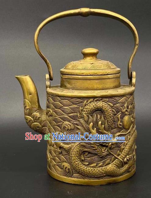 andmade Chinese Carving Dragon Teapot Ornaments Traditional Brass Kettle Accessories