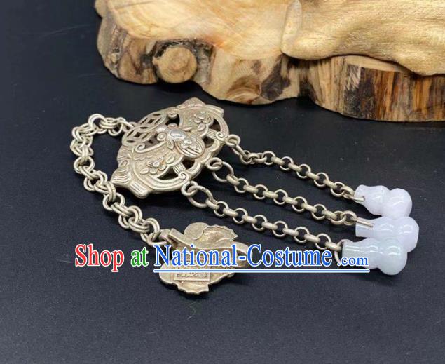 Chinese Handmade National Silver Carving Bat Pendant Jewelry Classical Ethnic Accessories Jade Gourd Tassel Brooch