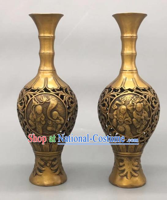 Handmade Chinese Carving Kids Flower Jardiniere Ornaments Brass Vase Accessories