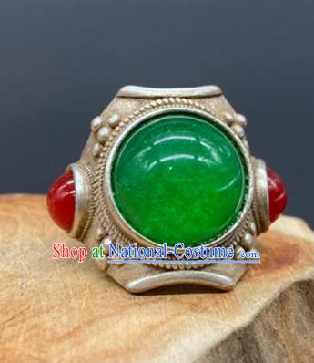 China Handmade Silver Jewelry Accessories Traditional Chrysoprase Thimble Circlet National Agate Ring