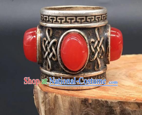 China National Agate Ring Traditional Silver Circlet Thimble Handmade Jewelry Accessories