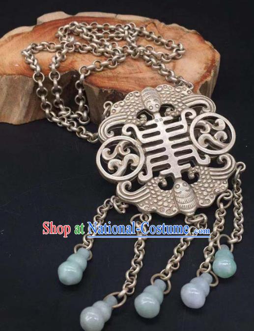 Chinese Handmade Jade Gourd Tassel Necklet Classical Ethnic Accessories National Silver Carving Bat Necklace Pendant Jewelry