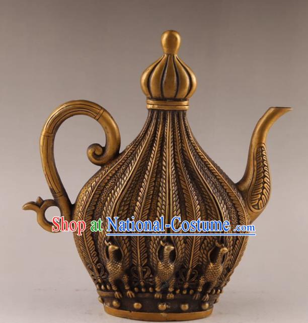 Handmade Chinese Carving Phoenix Wine Pot Ornaments Traditional Brass Accessories Flagon