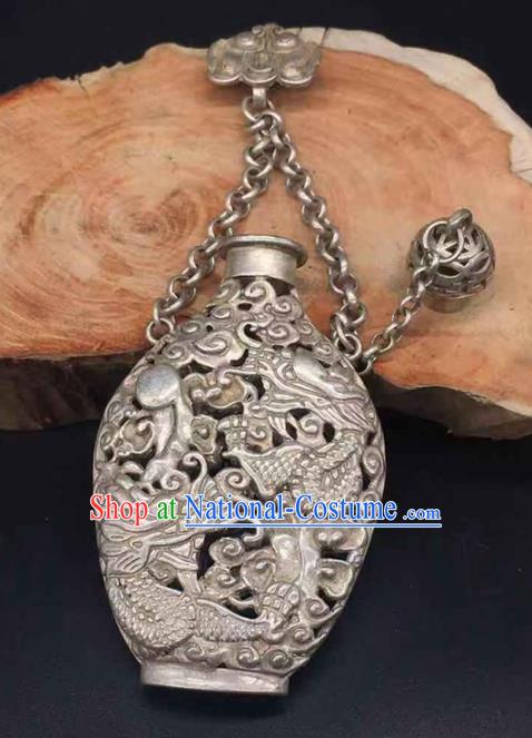 Chinese Handmade Carving Dragon Brooch Classical Ethnic Silver Accessories National Sachet Pendant Jewelry