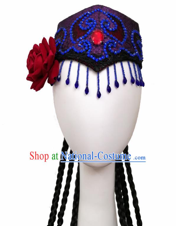 China Handmade Ethnic Women Braid Hair Accessories Traditional Uyghur Nationality Folk Dance Royalblue Tassel Hat