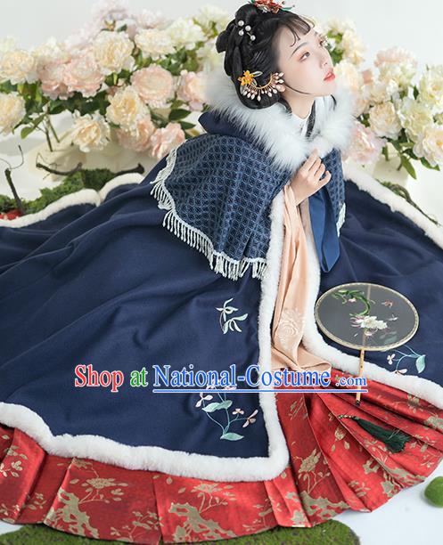 China Traditional Ming Dynasty Historical Clothing Ancient Nobility Lady Hanfu Embroidered Navy Cloak