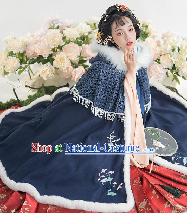 China Traditional Ming Dynasty Historical Clothing Ancient Nobility Lady Hanfu Embroidered Navy Cloak