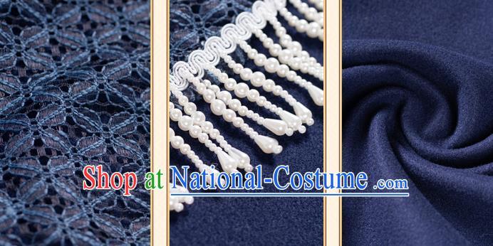 China Traditional Ming Dynasty Historical Clothing Ancient Nobility Lady Hanfu Embroidered Navy Cloak