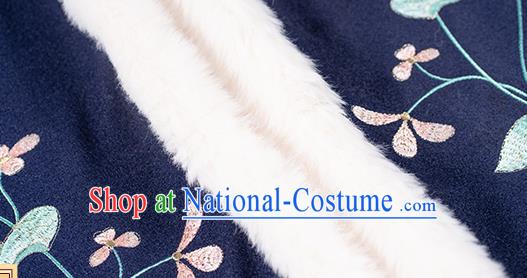 China Traditional Ming Dynasty Historical Clothing Ancient Nobility Lady Hanfu Embroidered Navy Cloak