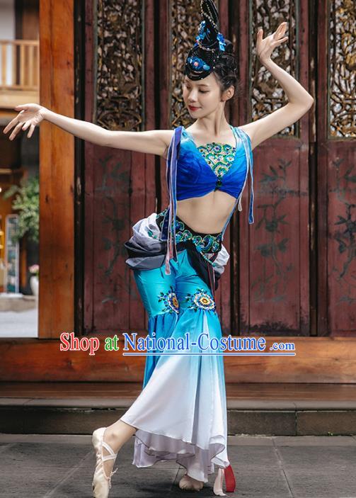 Traditional China Stage Show Costumes Flying Apsaras Dance Clothing Classical Dance Blue Outfits