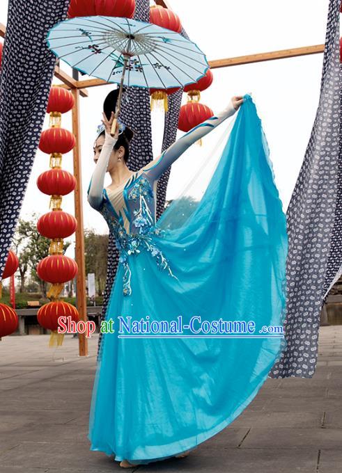 Traditional China Opening Dance Stage Show Costumes Classical Dance Clothing Umbrella Dance Blue Dress